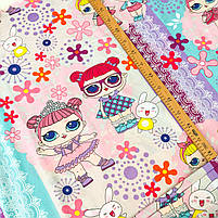 Бязь Gold бавовняна "ляльки Лол фіолетові з квітами" 220см, фото 4