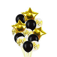 Набор фольгированных и воздушных шаров с конфетти черные с золотом (13 шт. в уп.)