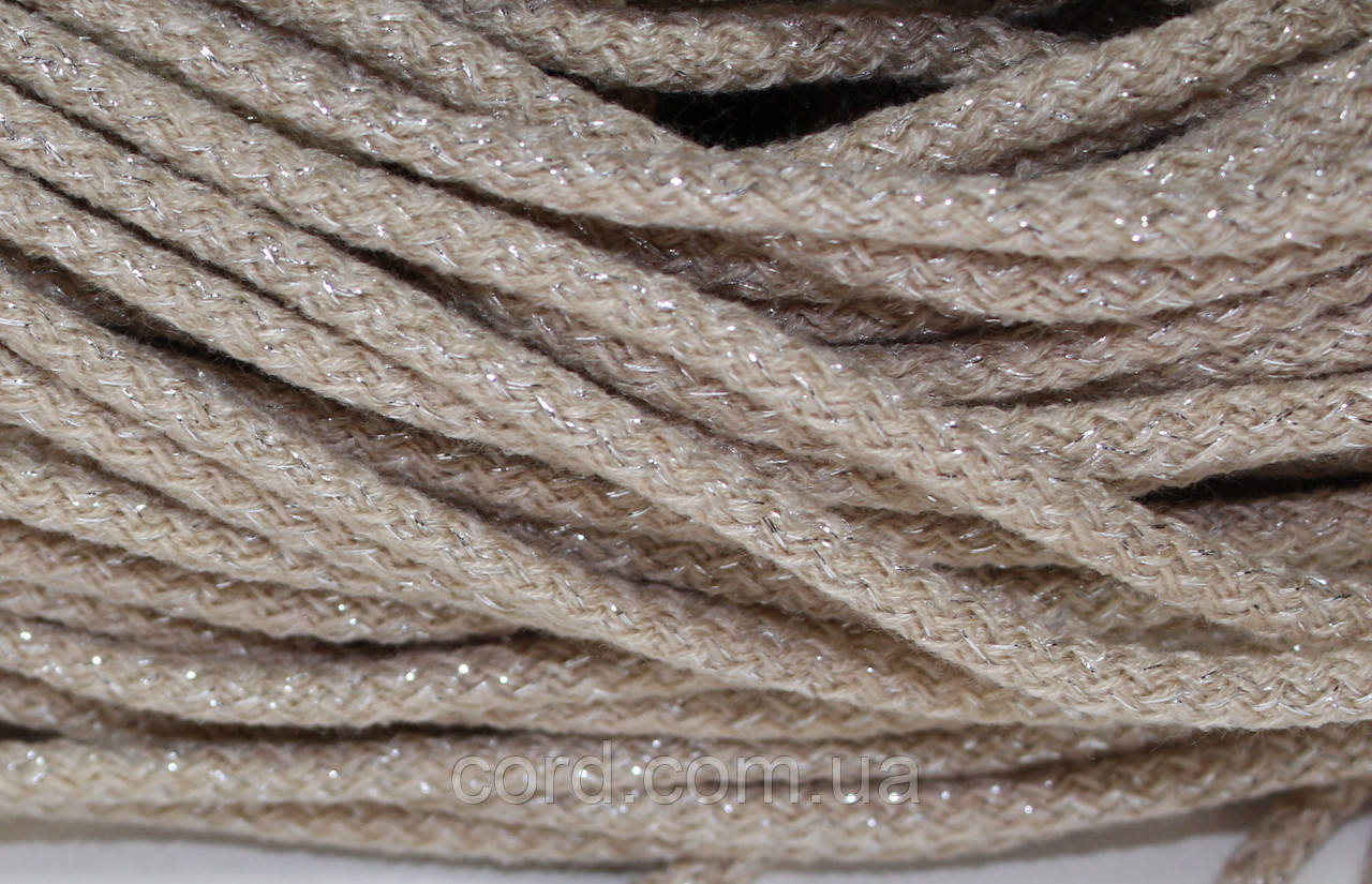 Шнур круглий акрил 6мм бежевий+срібло моток 100м, фото 1