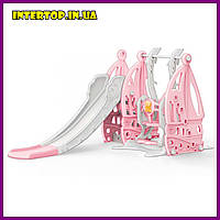 Детский пластиковый игровой комплекс 2 в 1 горка с кольцом + качель Bambi WM19016 серо-розовый для дома
