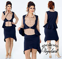 Шикарний жіночий костюм-трійка великих розмірів: блуза+безрукавка+спідниця (р. 48-54). Арт-2193/42 бежевий