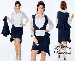 Шикарний жіночий костюм-трійка великих розмірів: блуза+безрукавка+спідниця (р. 48-54). Арт-2193/42 білий