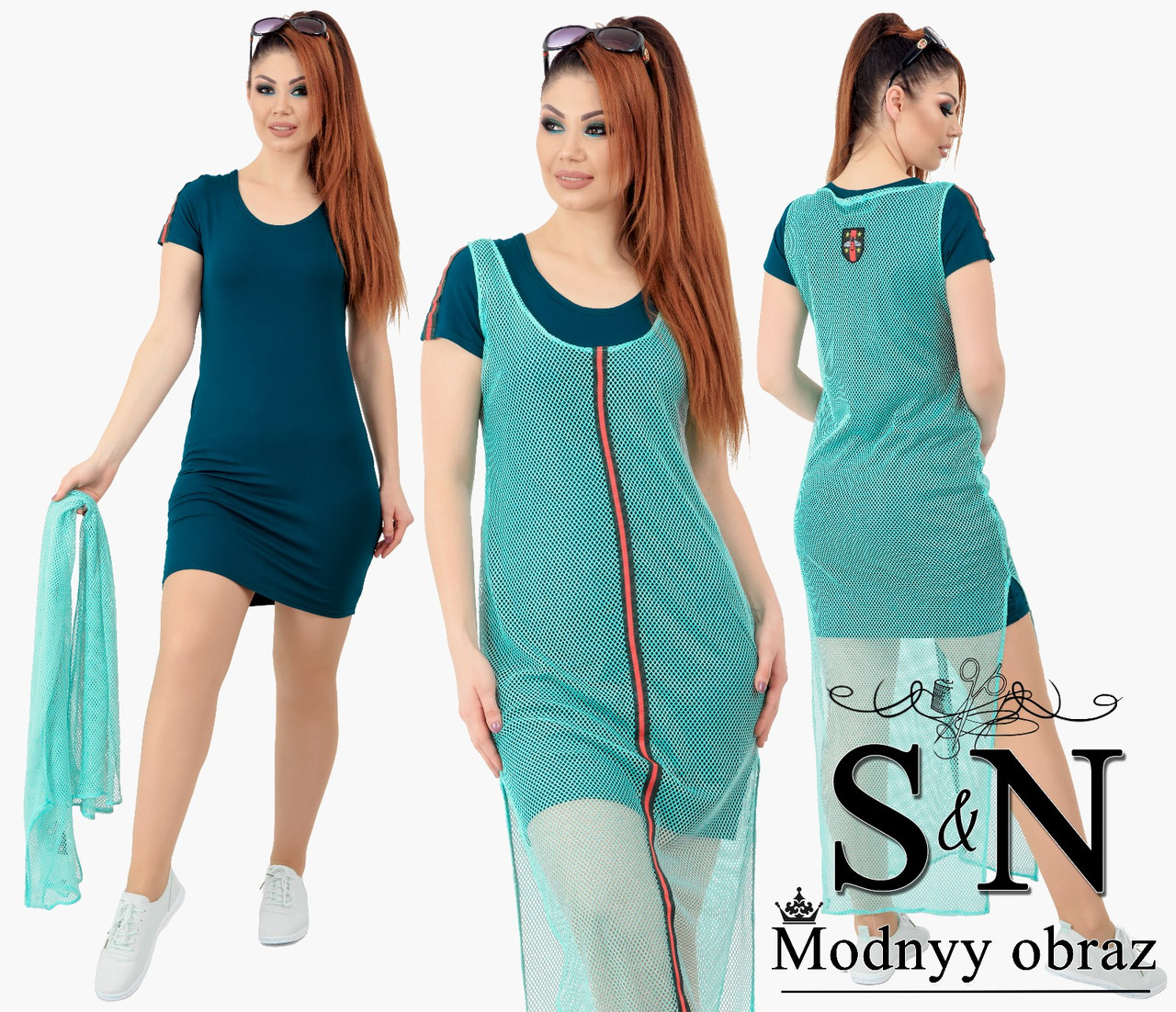 Стильний, модний жіночий костюм-двійка батал: сукня+накидка сітка (р. 48-54). Арт-2195/42 бірюза, фото 1