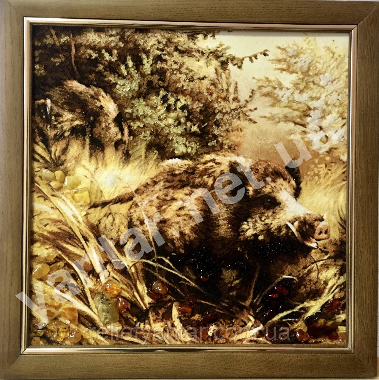Картина з бурштину Дикий кабан, Картина з бурштину Дикий кабан 40x40 см