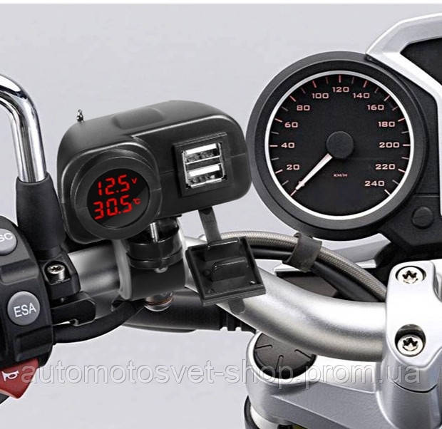 USB зарядка двойная розетка с вольтметром термометром на руль мотоцикла usb-разъемом 5 V мощностью 2.1 - фото 1 - id-p1021999594