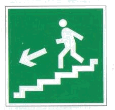 Знак "Напрямок до евакуаційного виходу (по сходах ліворуч вниз)"