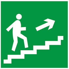 Знак "Попрямування до евакуаційного виходу (по сходах праворуч вгору)"