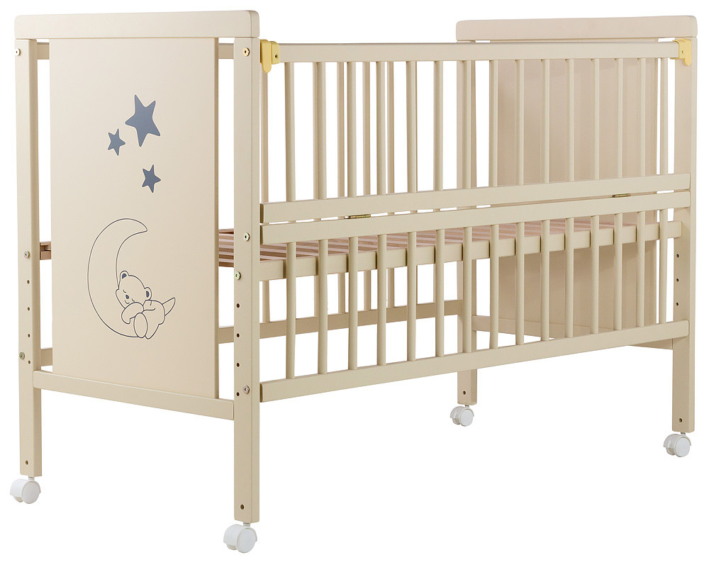 Кровать Babyroom Медвежонок M-01 откидной бок, колеса бук слоновая кость