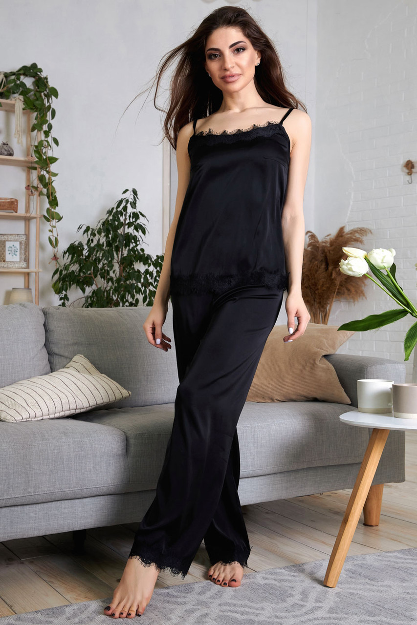Стильная шелковая пижама 1349 (44 50р) в расцветках черный - фото 1 - id-p1179872761