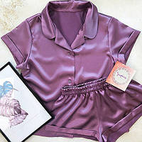 Пижама женская атласная на пуговицах. Комплект шелковый для дома, сна, размер M (фиолетовая)