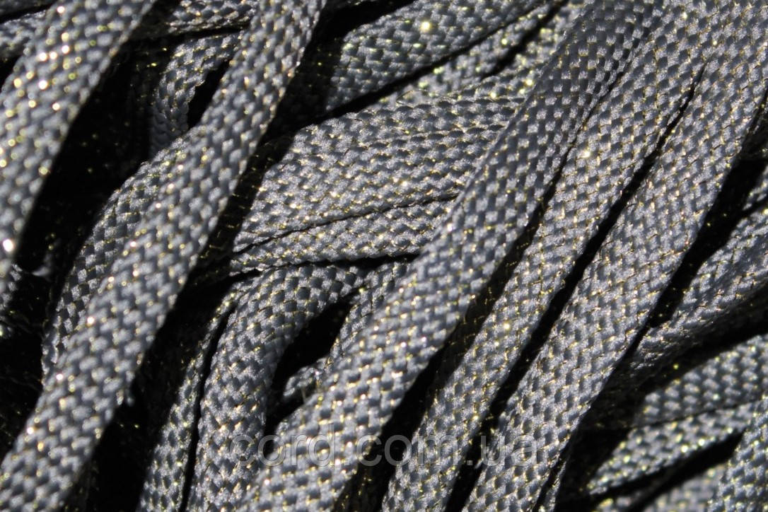 Шнур плоский чехол 8мм темно-сірий+золото моток 100м, фото 1