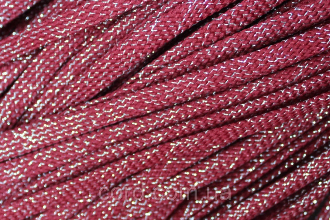 Шнур плоский чехол 8мм бордовий+срібло моток 100м, фото 1