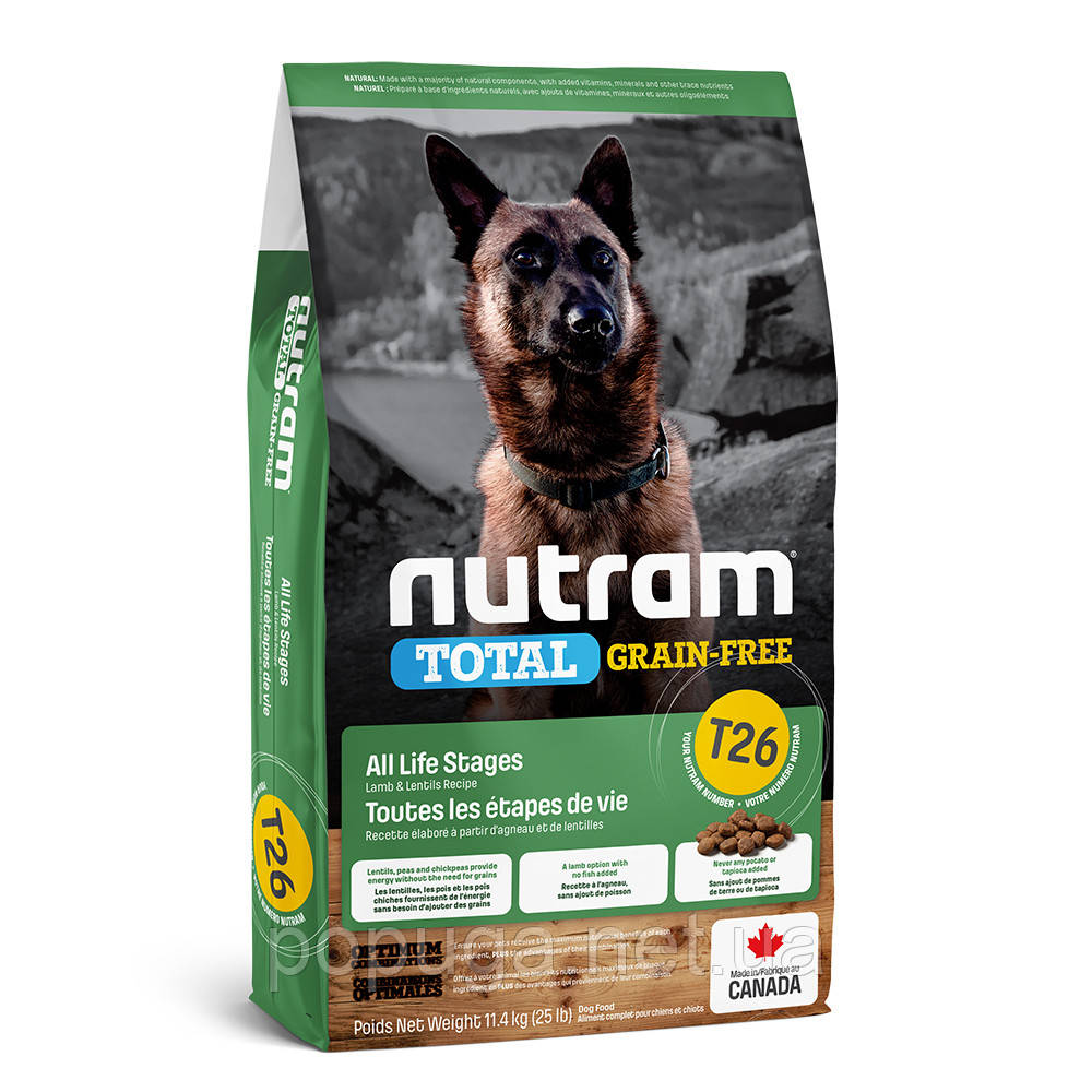 Корм T26 Nutram Total Grain-Free беззерновий корм для цуценят і дорослих собак ЯГНІНОК І СЧЕВІЦЯ, 11,4 кг