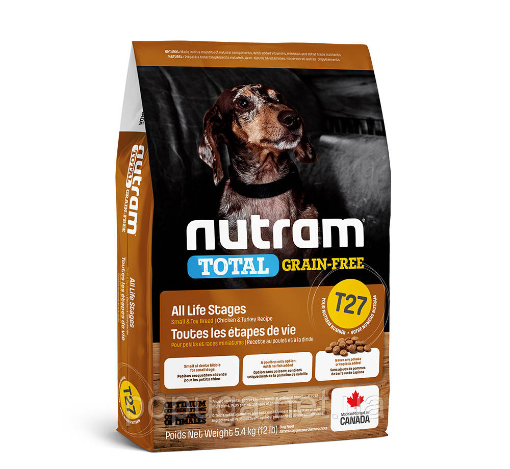 Корм T27 Nutram Total Grain-Free корм для собак дрібних порід ІНДЕЙКА, КУРИЦЯ І УТКА, 20 кг