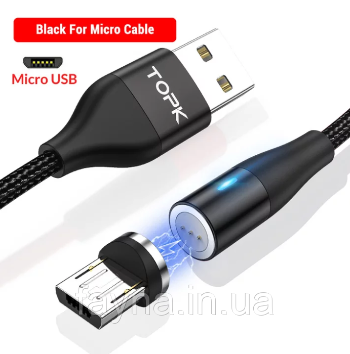 Магнітний micro-USB кабель TOPK для швидкої зарядки і передачі даних |1 м, 3 А |