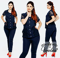 Модний жіночий стильний річний батальний лляний костюм двійка: сорочка+штани (р. 48-52). Арт-2227/42