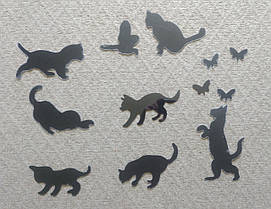 Дзеркальні наклейки на стіну, у ванну, на шафу "Сім котів, пташка і метелики", фото 3