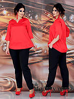Нарядный женский летний костюм двойка супер-батал: шелковая блузка+брюки (р.48-62). Арт-2219/42 красный