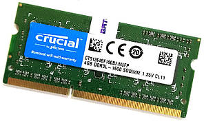 Оперативна пам'ять для ноутбука Crucial SODIMM DDR3L 4Gb 1600MHz PC3L-12800s 1R8 CL11 (CT51264BF160BJ.M8FP) Б/В