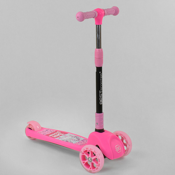 Самокат триколісний Best Scooter, РОЗОВИЙ, СВЕТ КОЛІС І ДИСКІВ, колеса PU, СКЛАДНИЙ РУЛЬ, у коробці