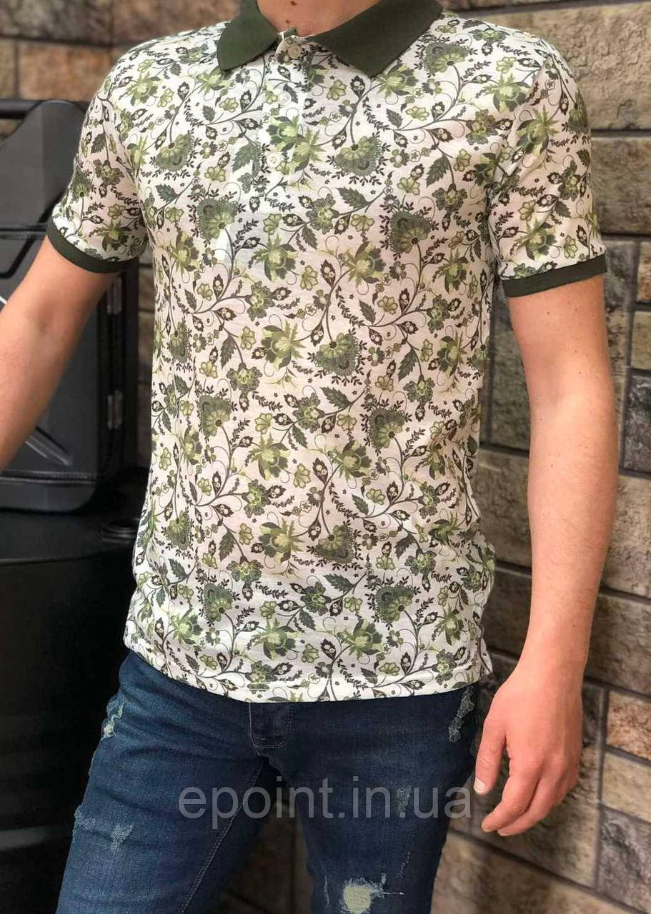 Чоловіча поло, теніска, T-shirt, футболка, рослинний принт, комбіновані кольори зелений/білий