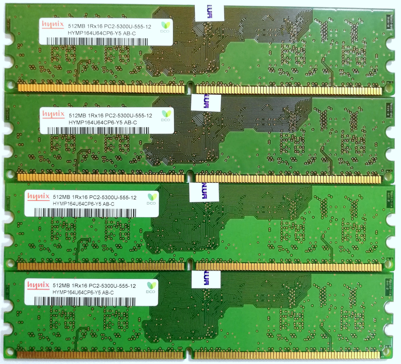Комплект оперативной памяти Hynix DDR2 2Gb (4*512Mb) 667MHz PC2 5300U 1R16 CL5 (HYMP164U64CP6-Y5 AB-C) Б/У