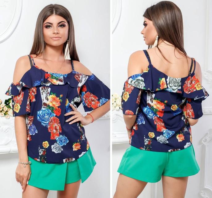 Жіночна блузка модель 108, принт оранжево-блакитні квіти на темно-синьому