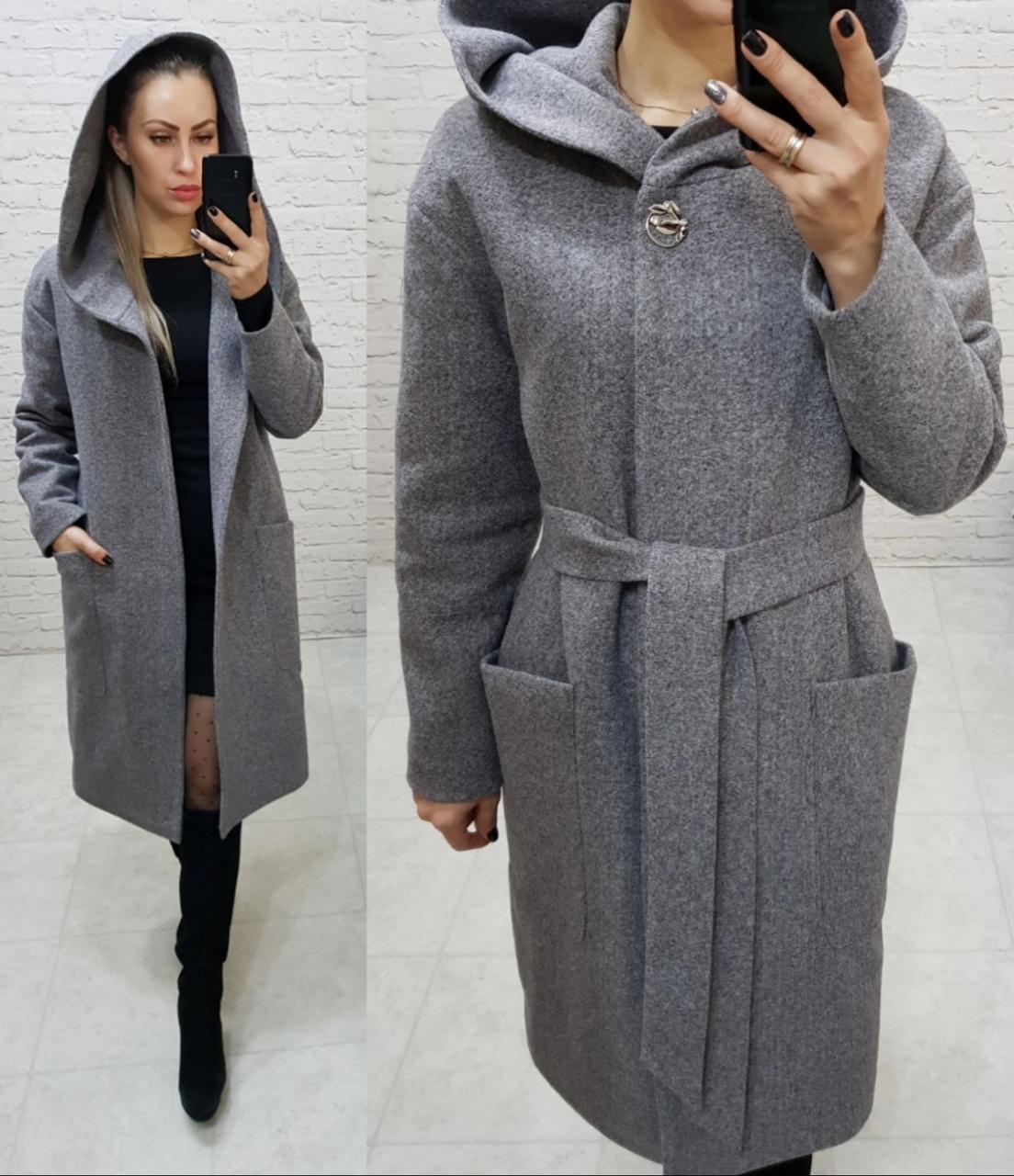 Пальто зима жіноча з капюшоном з кашеміру арт. 176 меланж (колір 8) сірий класика / сірого кольору