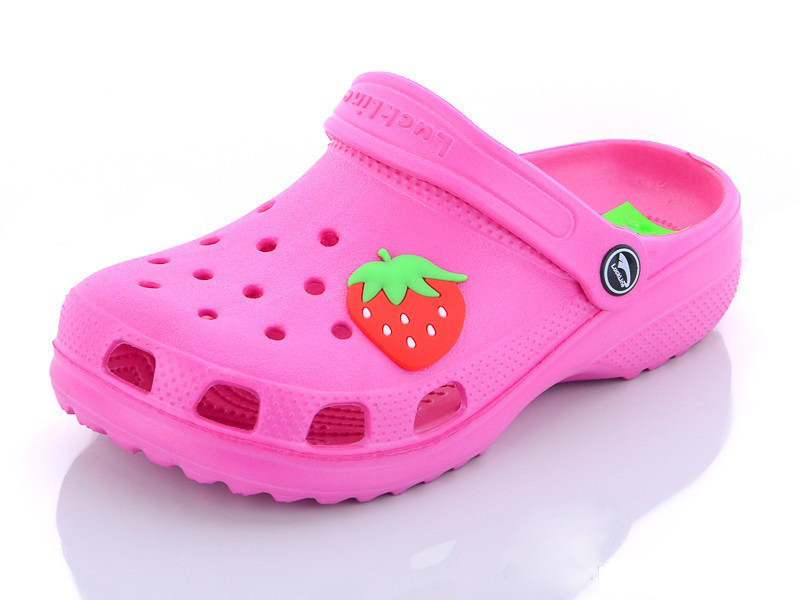 Крокси шльопанці для дівчинки з джибитсом Полуничка. Босоніжки пляжні. Гумові тапочки CROCS (малинові), фото 1
