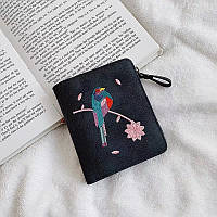 Модний жіночий розкладний гаманець з вишивкою птиці стильний "Bird" (темно-синій)