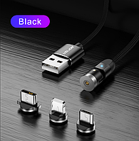 Оригинальный Магнитный кабель для зарядки Uslion 3 в 1(Lightning(iPhone), micro USB, T-C), 360°+180° черный