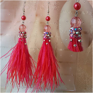 Серьги-кисточки из перьев страуса Яскраво-рожевий