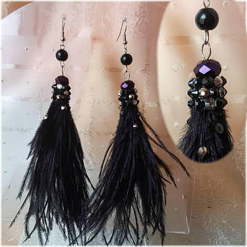 Серьги-кисточки из перьев страуса Чорний
