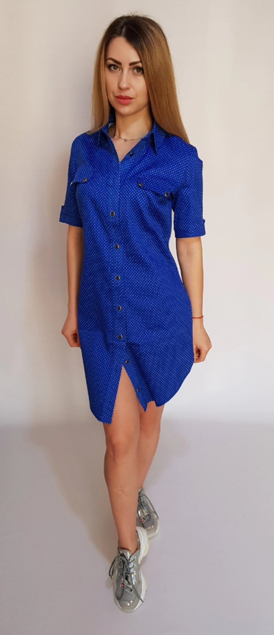 Літнє плаття-сорочка (яскраво-синя в горошок) арт 827