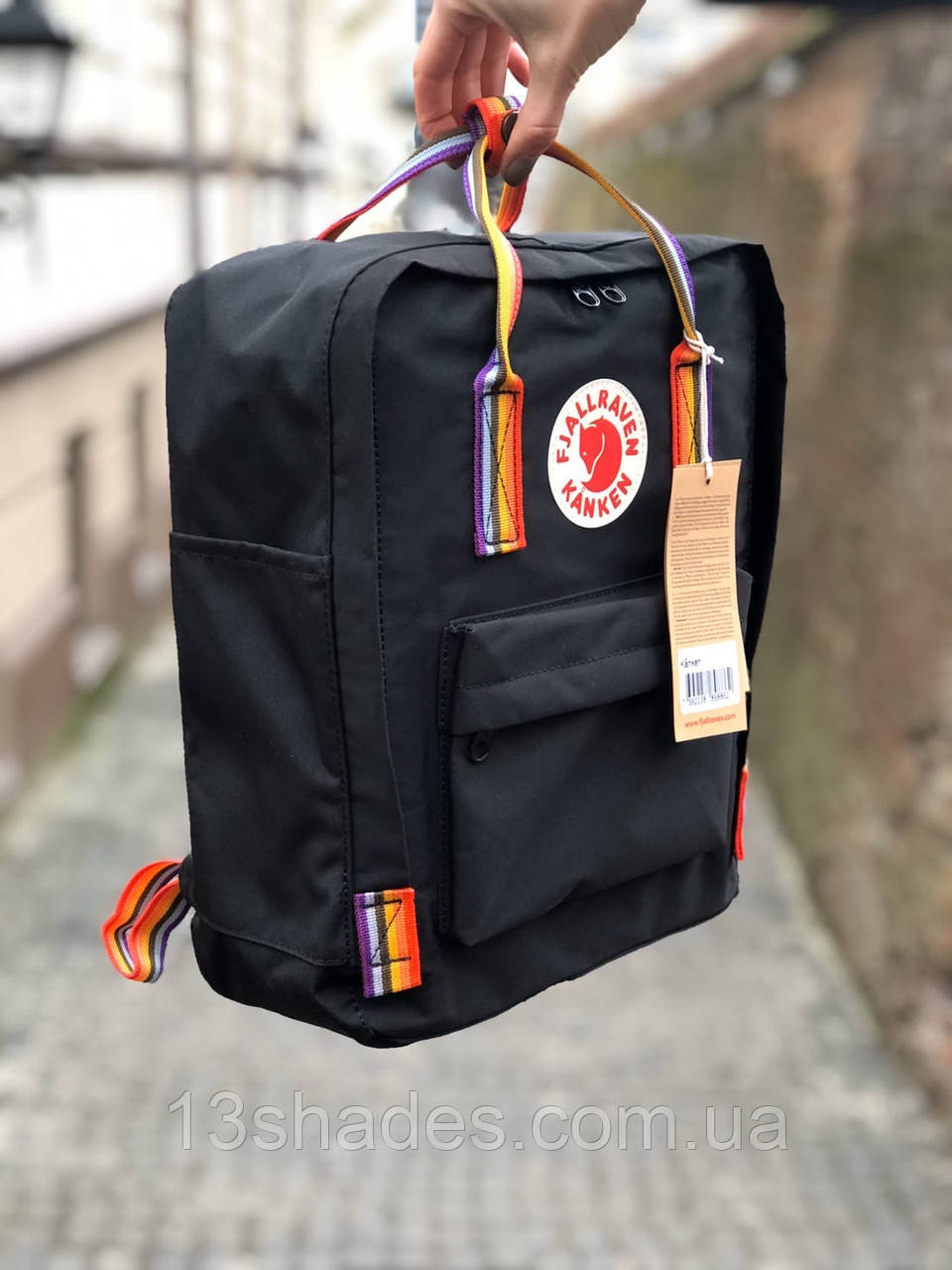 Рюкзак Канкен класик чорний із райдужними ручками Fjallraven Kanken classic 16L Black Rainbow