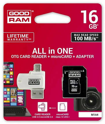 Картка пам'яті MicroSDHC 16GB UHS-I Class 10 GoodRam + SD Adapter + OTG Card reader (M1A4-0160R12), фото 3