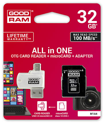 Картка пам'яті MicroSDHC 32GB UHS-I Class 10 GoodRam + SD Adapter + OTG Card reader (M1A4-0320R12), фото 2