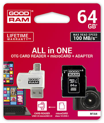 Картка пам'яті MicroSDXC 64GB UHS-I Class 10 GoodRam + SD Adapter + OTG Card reader (M1A4-0640R12), фото 4