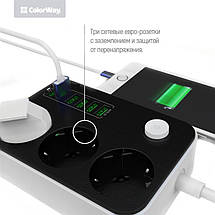 Мережевий фільтр ColorWay CW-CHE36B 3 розетки 6 USB 1.8 m 10 A Black, фото 3