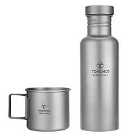 Титановая бутылка 750ml + кружка 300ml Tomshoo Titanium. Туристическая фляга из титана.