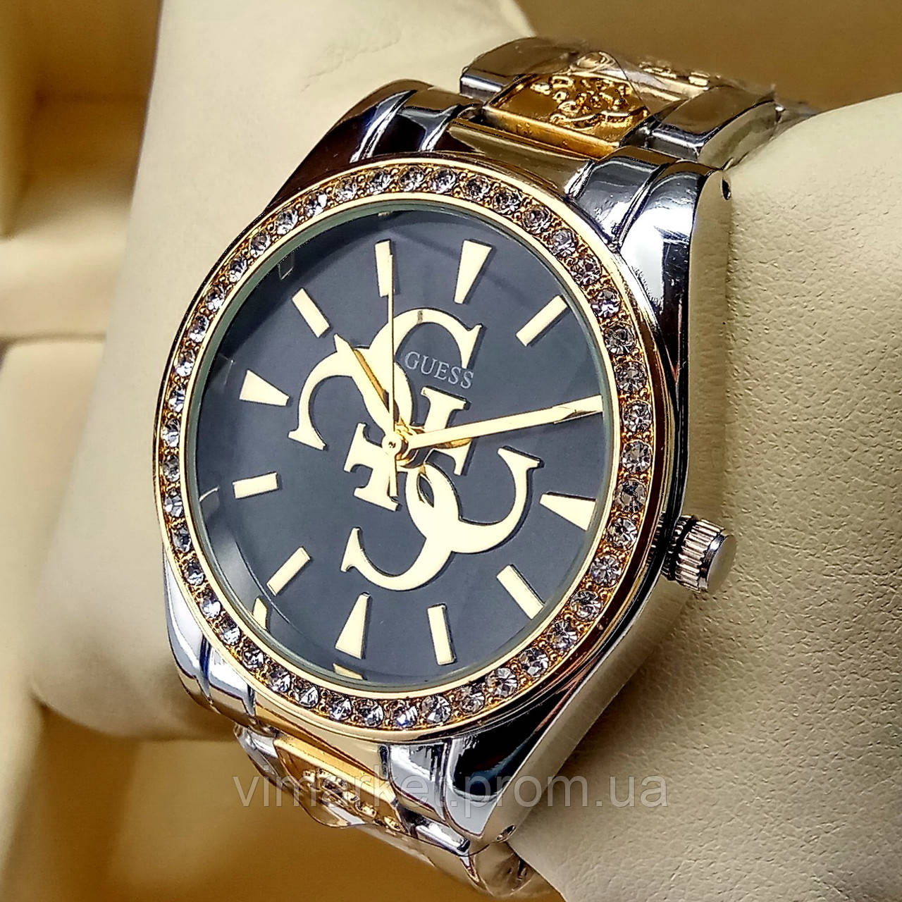 Жіночі наручні годинники Guess на металевому браслеті об'єднані золото срібло, чорний циферблат