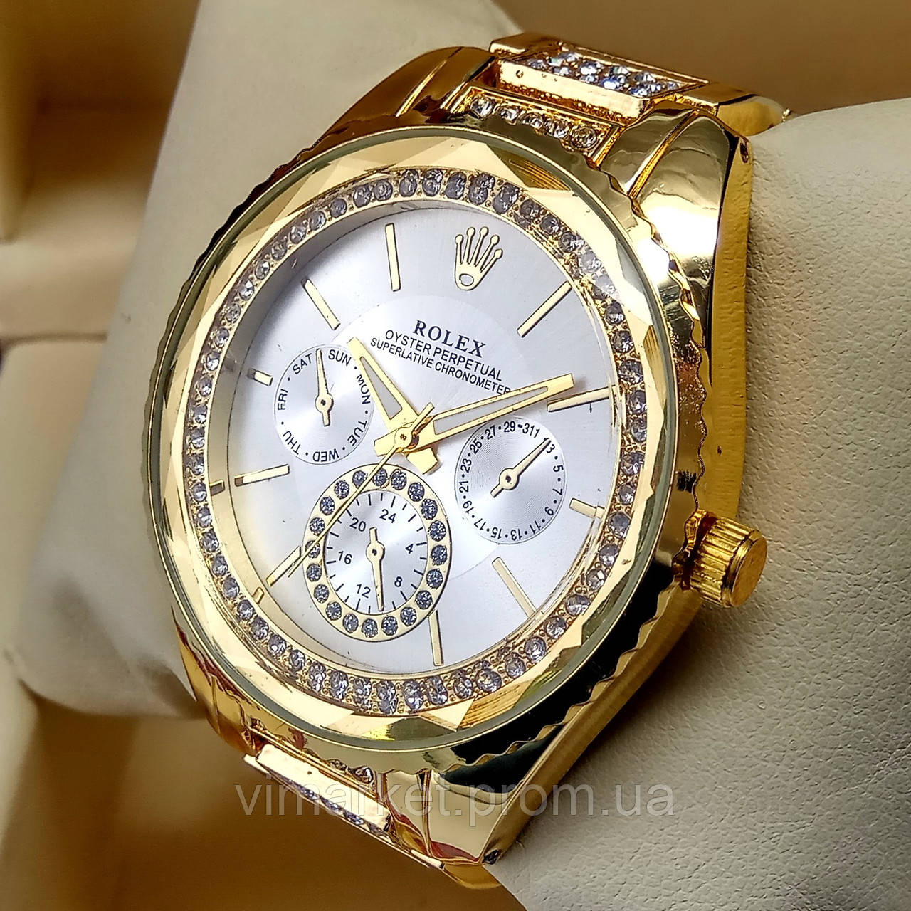 Жіночий кварцевий наручний годинник Rolex зі стразами на металевому браслеті золотого кольору сріблястий цифербл