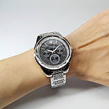 Жіночий кварцевий наручний годинник Rolex зі стразами на металевому браслеті срібного кольору чорний циферблат, фото 5