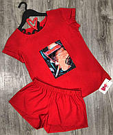 Красный модный комплект футболка+шорты с рисунком 609-34.