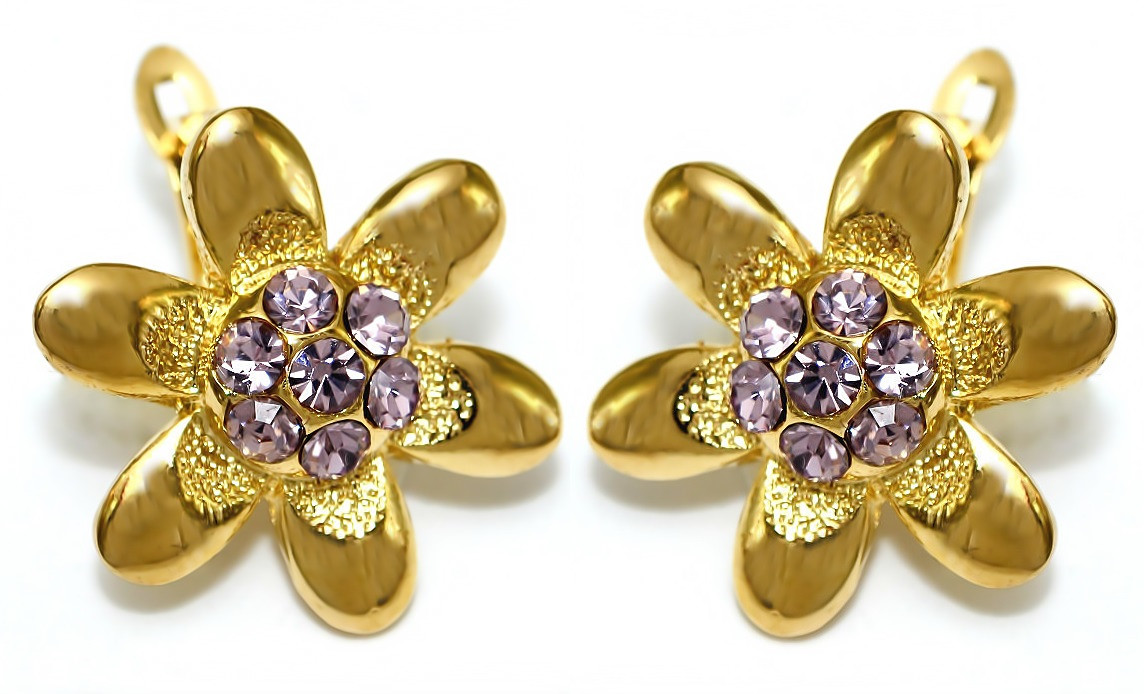 Сережки з англійською застібкою Neoglory. Позолота. Камені: фіолетовий циркон. Діаметр: 17 мм.