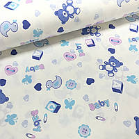 Ткань поплин синие мишки с кубиками и пуговками на белом (ТУРЦИЯ шир. 2,4 м) (R-Т-0287)