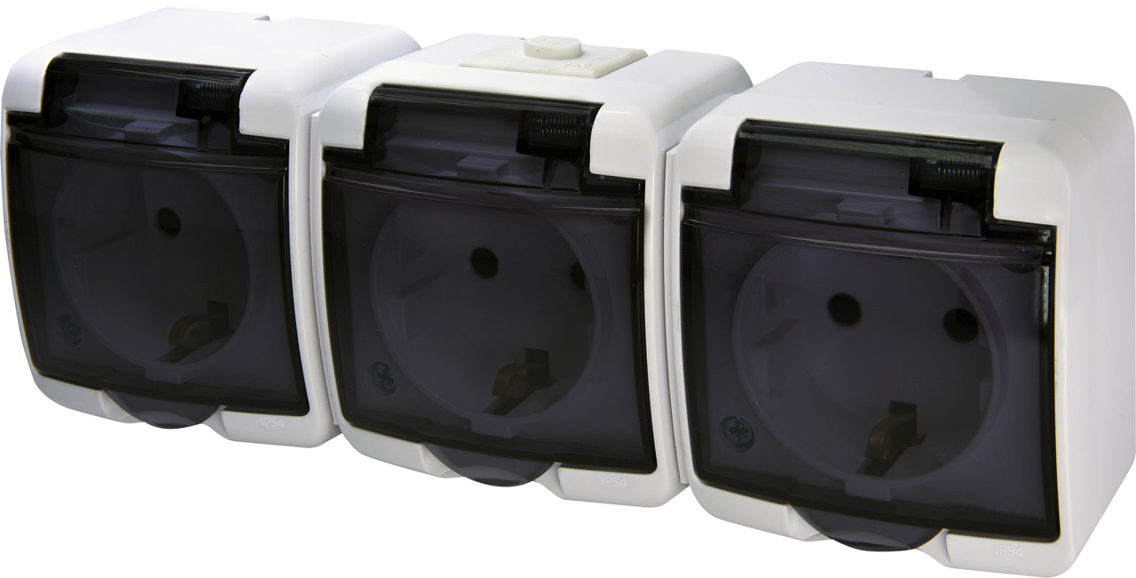 Розетка Schuko 3-я з заземленням ETI RHE-3sd, IP54, біла/прозора кришка