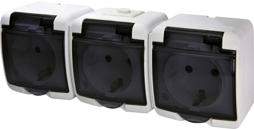 Розетка Schuko 3-я з заземленням ETI RHE-3sd, IP54, біла/прозора кришка, фото 1