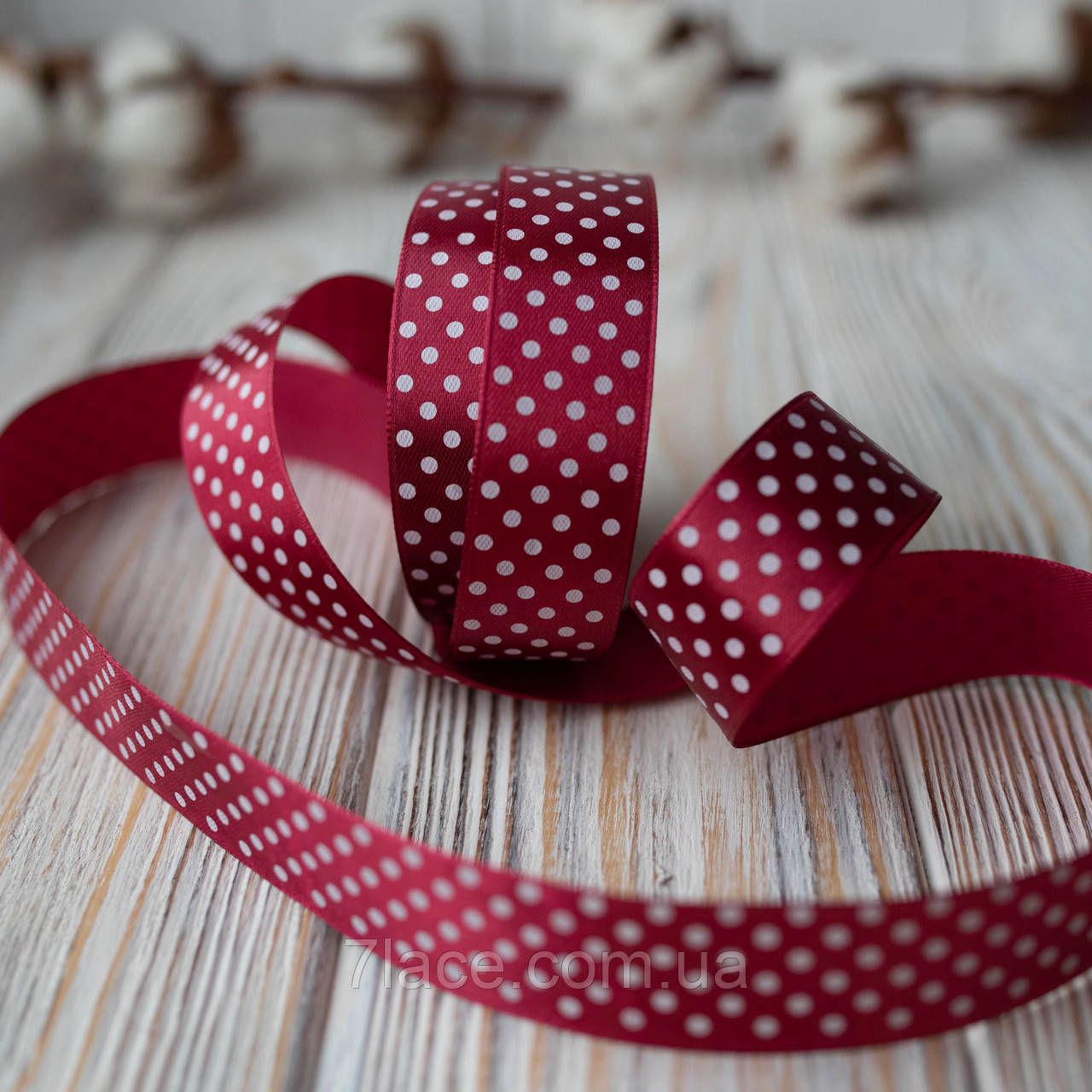 Стрічка атласна в горошок/колір бордовий/ширина 2,5 см/бобіна 23 м