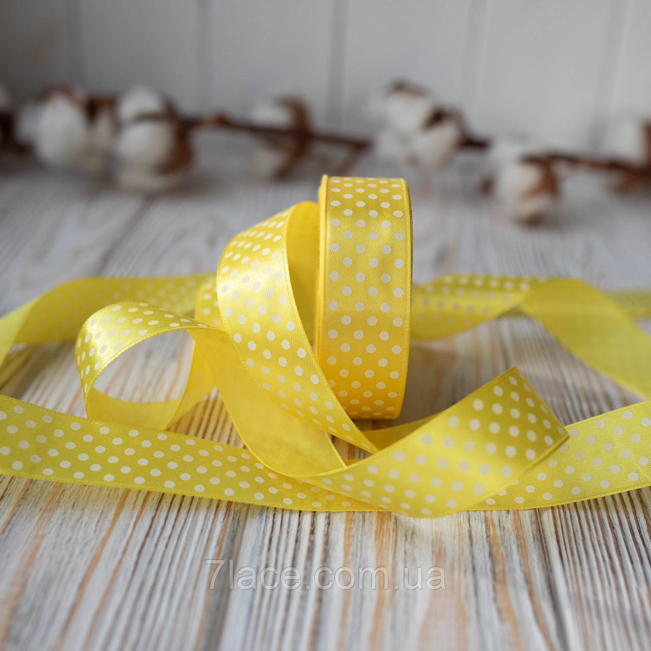 Стрічка атласна в горошок/колір жовтий/ширина 2,5 см/бобіна 23 м, фото 1
